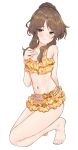  1girl aa211108 absurdres arm_behind_back bare_legs barefoot bikini blush brown_eyes brown_hair flat_chest frilled_bikini frills furrowed_brow hair_bun hand_on_own_chest highres idolmaster idolmaster_cinderella_girls looking_down navel sidelocks simple_background single_hair_bun solo squatting swimsuit takamori_aiko white_background yellow_bikini 