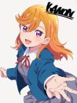  1girl :d bangs blazer blue_jacket blush character_name commentary_request eyebrows_visible_through_hair grey_shirt grey_vest haaam highres jacket long_sleeves looking_at_viewer love_live! love_live!_superstar!! medium_hair neck_ribbon open_clothes open_jacket open_mouth orange_hair purple_eyes red_ribbon ribbon school_uniform shibuya_kanon shirt simple_background smile solo teeth upper_teeth vest white_background white_shirt yuigaoka_school_uniform 
