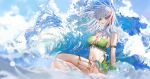  1girl arlizi bikini breasts fate/grand_order fate_(series) flower green_bikini hair_flower hair_ornament hair_ribbon highres jewelry kama_(fate) kama_(swimsuit_avenger)_(fate) kama_(swimsuit_avenger)_(second_ascension)_(fate) large_breasts long_hair navel ocean pendant red_eyes ribbon sitting swimsuit thigh_strap waves white_hair wind 