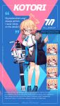  1girl absurdres ahoge between_breasts black-framed_eyewear blonde_hair blue_archive braid breasts character_name character_sheet cleavage english_text full_body gatling_gun glasses gun halo highres jacket kotori_(blue_archive) large_breasts m134_minigun machine_gun minigun navel necktie official_art one_eye_closed open_clothes open_skirt red_eyes school_uniform semi-rimless_eyewear shoes skirt sneakers socks solo takotsu under-rim_eyewear weapon 