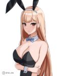  1girl absurdres animal_ears bangs bare_shoulders black_leotard blonde_hair blue_bow blue_bowtie bow bowtie breasts cleavage collarbone commentary_request detached_collar ear_piercing earrings eyebrows_visible_through_hair eyelashes fake_animal_ears highres instagram_username jewelry kitagawa_marin large_breasts leotard long_hair looking_at_viewer piercing playboy_bunny red_eyes shadow shio_aw simple_background sono_bisque_doll_wa_koi_wo_suru strapless strapless_leotard upper_body v-shaped_eyebrows white_background wrist_cuffs 