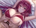  1boy 1girl arms_up azur_lane bangs bar_censor between_breasts bikini blush breasts censored chitose_(azur_lane) closed_mouth commentary_request commission eyebrows_visible_through_hair highres large_breasts long_hair looking_at_viewer lying navel on_back paizuri penis purple_bikini purple_eyes purple_hair satou_aji sideboob skeb_commission solo_focus swimsuit underboob 