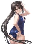  1girl ass bare_arms bare_legs bare_shoulders black_hair blue_swimsuit blush brown_eyes cowboy_shot hair_between_eyes kantai_collection long_hair nachi_(kancolle) name_tag one-piece_swimsuit open_mouth school_swimsuit side_ponytail simple_background solo swimsuit toka_(marchlizard) white_background 