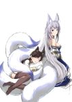  2girls animal_ear_fluff animal_ears atago_(azur_lane) azur_lane black_hair black_legwear blue_collar blue_eyes blue_kimono breasts closed_eyes collar dog_ears fox_ears fox_tail japanese_clothes kimono kitsune kyuubi large_breasts large_tail long_hair military military_uniform miniskirt mole mole_under_eye multiple_girls multiple_tails ribbon shinano_(azur_lane) skirt sleeping smile steed_(steed_enterprise) tail thighhighs uniform very_long_hair white_hair white_ribbon white_tail 