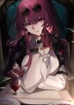  1girl absurdres bangs breasts coat cup drinking_glass eyebrows_behind_hair eyebrows_visible_through_hair formal gloves guzangnanfeng hair_between_eyes highres honkai:_star_rail honkai_(series) jewelry kafka_(honkai:_star_rail) long_hair looking_at_viewer necktie open_mouth red_eyes red_gloves red_hair restaurant ring smile solo suit table upper_body wine_glass 