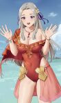  1girl bangs blue_sky breasts cleavage covered_navel edelgard_von_hresvelg fire_emblem fire_emblem:_three_houses fire_emblem_heroes grey_hair hair_ornament hair_ribbon highres jewelry long_hair looking_at_viewer medium_breasts necklace ocean official_alternate_costume one-piece_swimsuit outdoors parted_bangs partially_submerged purple_eyes red_swimsuit ribbon sky smile solo standing swimsuit thrananaart wading water 