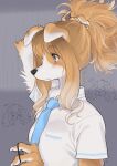 2022 5_fingers accessory anthro black_nose blonde_hair blue_eyes breasts brown_hair bust_portrait canid canine canis claws clothed clothing domestic_dog female finger_claws fingers floppy_ears fur hair hair_accessory hair_tie hi_res holding_object kemono kikurage koriyama_meiko mammal multicolored_body multicolored_fur multicolored_hair necktie pawpads ponytail portrait school_uniform shirt side_view solo topwear uniform white_body white_fur white_hair yellow_body yellow_fur 