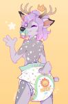  anthro antlers cervid crown diaper diaper_only dracky female from_behind_position gesture hair hi_res horn looking_at_viewer mammal one_eye_closed pacifier purple_hair scut_tail sex short_tail spots star trans_(lore) trans_woman_(lore) v_sign white_spots wink winking_at_viewer 