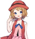  1girl :d bangs blonde_hair blue_eyes blue_ribbon commentary_request eyebrows_visible_through_hair eyelashes hand_up happy hat kajiki_ngtk9 looking_at_viewer neck_ribbon open_mouth pokemon pokemon_(anime) pokemon_xy_(anime) red_headwear ribbon serena_(pokemon) short_hair simple_background smile solo white_background 