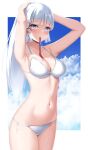  1girl armpits arms_up bangs bare_arms bare_shoulders bikini blue_eyes blue_sky blunt_bangs blush breasts cleavage cloud collarbone commentary_request cowboy_shot day eyebrows_visible_through_hair genshin_impact groin highres kamisato_ayaka large_breasts long_hair looking_at_viewer mouth_hold navel side-tie_bikini sky smile solo standing stomach swimsuit tatsumiya_kagari thighs very_long_hair white_bikini white_hair 