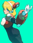  1girl alia alia_(mega_man) android armor ass bangs blonde_hair blue_eyes blush bodysuit breasts eyebrows_visible_through_hair gloves green_background headset highres large_breasts long_hair looking_at_viewer mega_man_(series) mega_man_x_dive nycnouu parted_lips robot_ears simple_background smile solo white_gloves 
