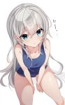  1girl absurdres bare_arms bare_legs bare_shoulders blue_eyes blue_swimsuit blush collarbone eyebrows_visible_through_hair fathom hair_between_eyes hibiki_(kancolle) highres kantai_collection long_hair one-piece_swimsuit parted_lips simple_background solo swimsuit white_background white_hair 