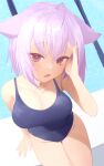  1girl absurdres ahoge animal_ears arm_up bangs bare_arms bare_shoulders blue_swimsuit breasts cat_ears cat_girl cleavage cowboy_shot from_above highres hololive large_breasts looking_at_viewer medium_hair nanome_to nekomata_okayu one-piece_swimsuit open_mouth purple_eyes purple_hair sitting solo swimsuit virtual_youtuber 