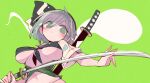  1girl black_hairband bob_cut breasts green_eyes grey_hair hairband highres holding holding_sword holding_weapon katana konpaku_youmu massakasama medium_breasts scabbard sheath sheathed short_hair solo sword touhou underboob weapon 