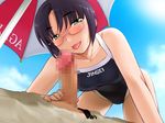  1girl beach buried censored cloud day game_cg glasses hetero kiriyama_taichi mosaic_censoring one-piece_swimsuit outdoors penis sand sky soga_kaede solo_focus sweet_home swimsuit tongue umbrella 