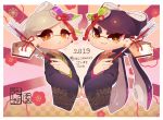  +_+ 2019 2girls akeome aori_(splatoon) artist_name black_hair black_kimono brown_eyes chinese_zodiac closed_mouth commentary coula_cat cousins cropped_torso earrings ema flower frown furisode grey_hair hair_ornament happy_new_year highres holding hotaru_(splatoon) japanese_clothes jewelry kanzashi kimono long_hair long_sleeves looking_at_viewer mole mole_under_eye multiple_girls new_year open_mouth pointy_ears print_kimono rising_sun short_hair signature smile splatoon_(series) sunburst tentacle_hair translation_request upper_body very_long_hair wide_sleeves year_of_the_pig 