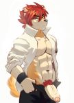  abs anthro canid canine canis clothed clothing domestic_dog flaccid humanoid_penis looking_at_viewer male mammal open_shirt penis precum pubes smile solo soraa standing vein 
