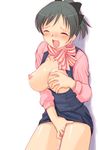 artist_request blush breasts closed_eyes copyright_request covered_nipples green_hair grey_hair hair_ribbon large_breasts masturbation open_clothes open_shirt ponytail ribbon scarf shirt skirt skirt_lift solo 