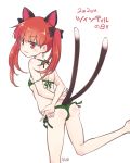  1girl :3 animal_ears arms_behind_back ass bangs bikini black_bow blunt_bangs blush bow cat_ears cat_girl cat_tail dra eyebrows_visible_through_hair green_bikini hair_bow kaenbyou_rin long_hair looking_at_viewer looking_back multiple_tails red_eyes red_hair side-tie_bikini simple_background solo swimsuit tail touhou twintails white_background 