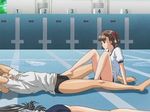  2girls barefoot black_hair brown_hair bulge buruma chain-link_fence empty_pool feet fence footjob grey_hair gym_uniform kuroda_kazuya lying mizushima_asa multiple_girls on_back on_stomach pool puddle saisho_hajime screencap sitting sora_no_iro_mizu_no_iro sorayama_natsume starting_block twintails water 