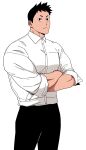  1boy balnom bara collared_shirt crossed_arms expressions feet_out_of_frame formal highres large_pectorals looking_at_viewer male_focus muscular muscular_male original pectorals salaryman shirt short_hair sideburns sleeves_rolled_up solo standing tight tight_shirt white_shirt 