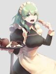  1girl alternate_costume apple apron bangs black_dress breasts byleth_(fire_emblem) byleth_(fire_emblem)_(female) commentary dress eating english_commentary enlightened_byleth_(female) enmaided fire_emblem fire_emblem:_three_houses food fruit green_eyes green_hair grey_background highres holding holding_tray long_hair long_sleeves looking_at_viewer maid maid_apron maid_headdress medium_breasts miton_(vvse5752) official_alternate_costume open_mouth simple_background solo tray waist_apron white_apron 