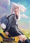  1girl absurdres bag bird cloud cloudy_sky day digele elf english_commentary feet_out_of_frame grass grin highres kneehighs lips looking_at_viewer original planet pointy_ears purple_eyes school_bag school_uniform sitting sky smile solo teeth white_hair 