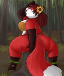  anthro butt canid canine female flower forest fox lilbluefoxie mammal plant solo sunflower tree tree_stump 