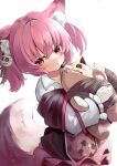  1girl :&lt; absurdres animal_ear_fluff animal_ears arknights bangs blush closed_mouth collared_shirt eyebrows_visible_through_hair fox_ears fox_girl fox_tail hair_between_eyes hair_ornament highres holding holding_stuffed_toy long_sleeves looking_at_viewer medium_hair pink_hair pink_skirt red_eyes seijiikeuchi shamare_(arknights) shirt sidelocks simple_background skirt solo stuffed_animal stuffed_toy tail tail_raised twintails upper_body white_background white_shirt 
