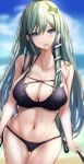  .me 1girl ass_visible_through_thighs beach bikini blue_eyes blue_sky blush breasts cleavage closed_mouth frog_hair_ornament green_hair hair_in_mouth hair_ornament hair_tubes highres kochiya_sanae large_breasts long_hair midriff navel outdoors side-tie_bikini simple_background single_sidelock sky snake_hair_ornament solo swimsuit touhou white_background 