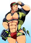  1boy abs adjusting_clothes adjusting_headwear akashi_(live_a_hero) akashi_(water_bullet)_(live_a_hero) bara bare_pectorals baseball_mitt black_gloves blush bodysuit bulge facial_hair fingerless_gloves gloves green_bodysuit highres large_pectorals live_a_hero long_sideburns male_focus male_swimwear mouhu_(bearlovestiger13) muscular muscular_male navel nipples official_alternate_costume one_eye_closed open_mouth pectorals red_hair red_male_swimwear scar scar_on_face scar_on_nose short_hair sideburns smile solo swim_briefs thighs visor_cap wet 