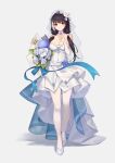  1girl absurdres black_hair blue_flower bouquet breasts bridal_gauntlets bride commission dress elbow_gloves flower full_body girls&#039;_frontline gloves heterochromia high_heels highres holding holding_bouquet jewelry large_breasts long_hair low_twintails mausratten multicolored_hair pantyhose red_eyes ring ro635_(girls&#039;_frontline) solo standing strapless strapless_dress streaked_hair twintails veil wedding_band wedding_dress white_dress white_flower white_footwear white_gloves white_hair white_legwear white_veil yellow_eyes 