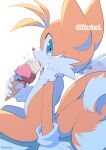  1boy animal_nose arm_support blue_eyes food fox_boy furry furry_male gloves ice_cream iiimirai looking_at_viewer male_focus multiple_tails sitting solo sonic_(series) tail tails_(sonic) twitter_username two_tails white_gloves 