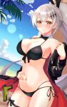  1girl absurdres beach bikini black_bikini blue_sky blush brown_eyes cloud crescent crescent_earrings earrings five-seven_(cruise_queen)_(girls&#039;_frontline) five-seven_(girls&#039;_frontline) front-tie_bikini front-tie_top girls&#039;_frontline grey_hair hand_on_own_stomach high_ponytail highres jewelry long_hair multi-strapped_bikini navel ocean official_alternate_costume outdoors ponytail side-tie_bikini sky smile solo standing swimsuit zenemo 