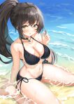  1girl bare_arms bare_shoulders beach bikini black_bikini black_choker black_hair breasts choker cleavage collarbone halterneck highres jewelry large_breasts long_hair looking_at_viewer lotpi navel necklace original parted_lips ponytail side-tie_bikini solo stomach string_bikini swimsuit thighs very_long_hair water wet yellow_eyes 