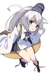  1girl :t bangs black_headwear blue_eyes closed_mouth eyebrows_visible_through_hair grey_hair hat highres japanese_clothes kariginu kochi_michikaze long_hair long_sleeves looking_at_viewer mononobe_no_futo pom_pom_(clothes) ponytail pout simple_background solo tate_eboshi touhou white_background 