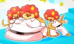  actualblueblu ambiguous_gender belly belly_overhang blush bodily_fluids chubby_anthro chubby_cheeks clappy_trio clothing felid fur group hi_res lion mammal moobs morbidly_obese obese orange_body orange_fur overweight pantherine rhythm_heaven saliva shaded shocked simple_background simple_coloring simple_shading superchub tight_clothing tired toony 