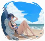  1girl absurdres bare_arms bare_legs bare_shoulders beach black_hair blue_hair blue_sky blue_swimsuit breasts casual_one-piece_swimsuit cleavage cloud day full_body genshin_impact gradient_hair green_eyes hand_in_own_hair highres leaning_back medium_breasts multicolored_hair ocean oh_kyoung_hwan one-piece_swimsuit outdoors parted_lips shiny shiny_hair short_hair sitting sky solo summer swimsuit yelan_(genshin_impact) 