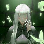  1girl artist_name black_cape blush bug butterfly butterfly_hair_ornament cape echidna_(re:zero) english_commentary green_background green_butterfly grey_eyes hair_ornament hand_up licking_lips long_hair looking_at_viewer mark_renz_purio re:zero_kara_hajimeru_isekai_seikatsu smile solo tongue tongue_out upper_body very_long_hair white_hair 