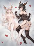  2boys anal anal_object_insertion animal_ears arknights ass babydoll bangs bare_shoulders bed_sheet black_choker black_gloves black_hair black_legwear blush bottomless bright_pupils butt_plug calcite_(arknights) choker clenched_teeth collarbone ebenholz_(arknights) eyebrows_visible_through_hair garter_straps gins gloves goat_boy goat_ears goat_horns goat_tail highres holding_hands horns interlocked_fingers lingerie long_hair looking_at_viewer looking_back low_ponytail lying male_focus multiple_boys nippleless_clothes nipples no_shoes object_insertion on_back otoko_no_ko parted_lips perineum petals pointy_ears purple_eyes sex_toy sheet_grab teeth testicles thighhighs underwear underwear_only v-shaped_eyebrows white_choker white_gloves white_legwear 