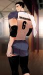  1boy ass balnom bara black_hair blush breath elbow_pads english_text feet_out_of_frame from_behind highres knee_pads looking_at_viewer male_focus muscular muscular_male original short_hair smile solo sportswear sweat thick_eyebrows thighs towel_on_one_shoulder walking 