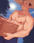  1boy abs bara black_pants brown_hair closed_mouth day food fruit hat highres holding ibarakidoujin large_pectorals love_tractor male_focus muscular muscular_male nipples outdoors pants pectorals short_hair sky smile solo topless_male twitter_username yechan_suh 