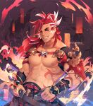  1boy abs armband artist_name bara belt body_markings brown_belt brown_eyes fire granblue_fantasy highres jewelry large_pectorals long_hair looking_at_viewer male_focus multicolored_hair muscular muscular_male navel nipples pectorals qvoro red_hair ring smile solo teeth two-tone_hair vambraces white_hair wilnas_(granblue_fantasy) 