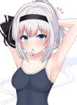  1girl armpits bangs black_hairband black_swimsuit blue_eyes breasts commentary_request eyebrows_visible_through_hair finaltakenoko ghost grey_hair hairband highres in_mouth konpaku_youmu konpaku_youmu_(ghost) looking_at_viewer one-piece_swimsuit short_hair simple_background solo swimsuit touhou tying_hair upper_body white_background 