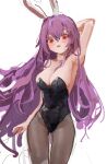  1girl :o animal_ears arm_behind_head arm_up armpits black_legwear blush breasts cowboy_shot highres large_breasts long_hair looking_at_viewer pantyhose playboy_bunny purple_hair rabbit_ears red_eyes reddizen reisen_udongein_inaba simple_background tagme touhou very_long_hair white_background 