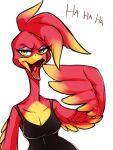  2021 anthro avian banjo-kazooie breegull clothed clothing english_text feathers female green_eyes hi_res kazooie laugh looking_at_viewer noupie open_mouth rareware red_body red_feathers simple_background solo text video_games wings 