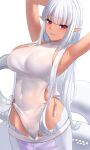  1girl absurdres armpits arms_up bangs blunt_bangs breasts commission covered_navel dobure18 fang highres lamia large_breasts long_hair looking_at_viewer monster_girl monster_girl_encyclopedia pointy_ears second-party_source shirohebi_(monster_girl_encyclopedia) simple_background smile solo tan white_background white_hair 