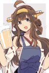  1girl ahoge alcohol apron beer beer_mug blue_apron brown_hair commentary_request cup detached_sleeves double_bun grey_background grey_eyes hair_bun hairband headgear japanese_clothes kantai_collection kongou_(kancolle) long_hair mug ribbon-trimmed_sleeves ribbon_trim solo takamachiya upper_body 