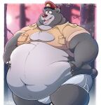  2022 anthro baloo belly big_belly bulge clothing disney hat headgear headwear hi_res humanoid_hands male mammal navel obese obese_male outside overweight overweight_male plant solo stompsthecroc talespin tree underwear ursid 