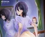  1girl aboart00 ass bangs bedroom black_hair bleach bottomless cellphone character_request hair_between_eyes highres holding holding_phone indoors kuchiki_rukia looking_at_viewer looking_back medium_hair mirror open_mouth phone purple_eyes purple_shirt shiny shiny_hair shirt short_sleeves smartphone solo_focus straight_hair t-shirt taking_picture 